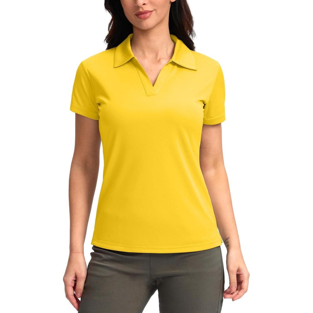 imageSANTINY Womens Golf Shirt Collared VNeck Casual Work Tennis Tops UPF50 Collared Polo Shirts for WomenYellow