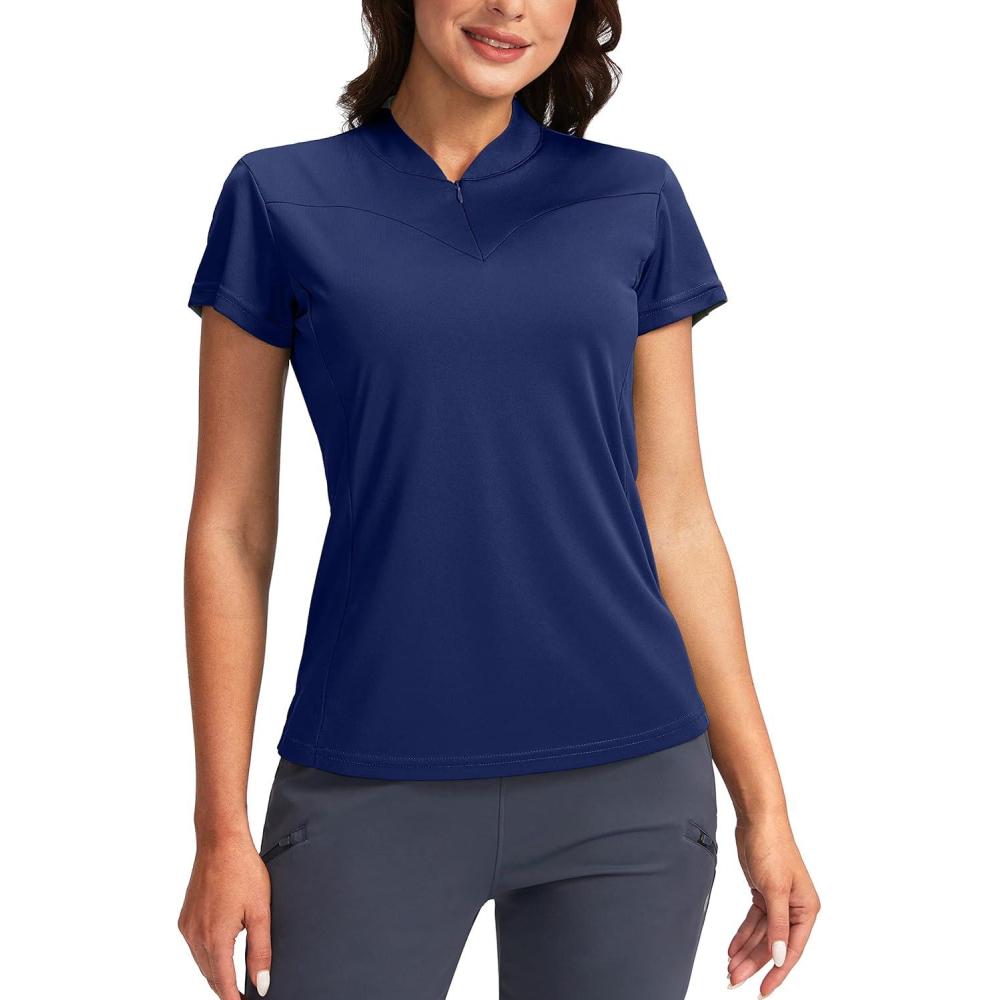 imageSANTINY Womens Golf Shirt Zip Up Quick Dry Short Sleeve Polo Shirts UPF50 Tennis Golf Tops for Women Casual Work
