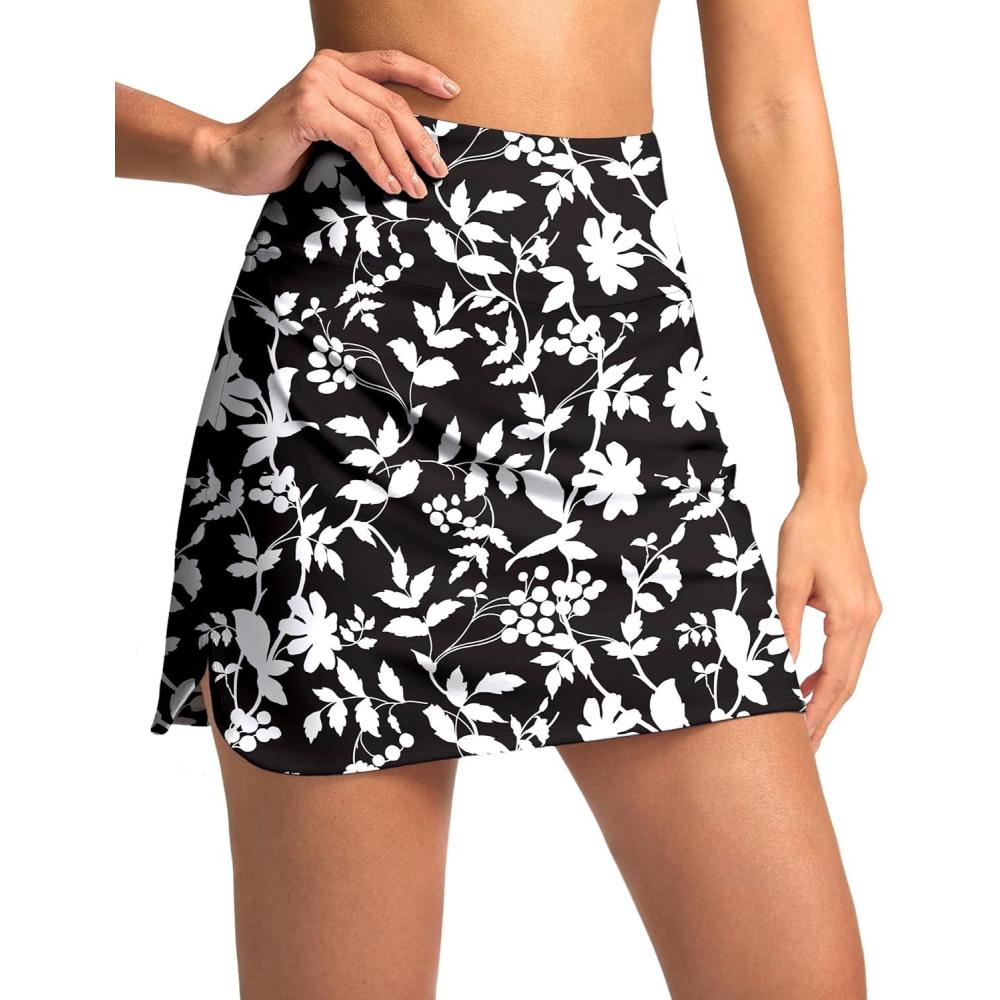 imageSANTINY Womens Golf Skirts Skorts High Waisted Tennis Skirt Athletic Workout Casual Skorts for Woman with Short PocketsBlack Flower