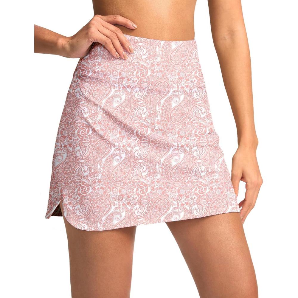 imageSANTINY Womens Golf Skirts Skorts High Waisted Tennis Skirt Athletic Workout Casual Skorts for Woman with Short PocketsPink Paisley