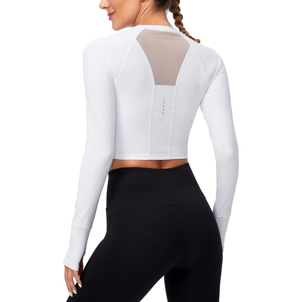 imageSANTINY Womens Long Sleeve Crop Workout Tops Slim Fit Gym Yoga Running Shirts for WomenA White