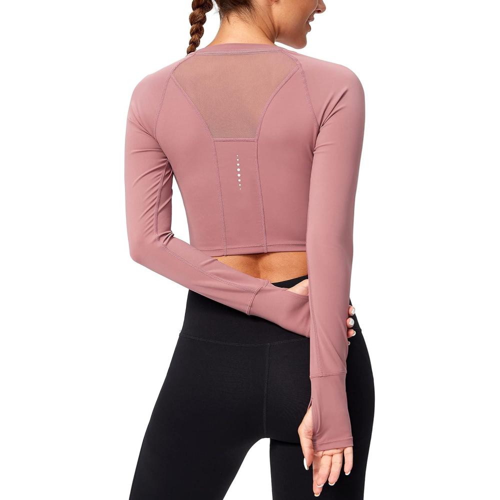 imageSANTINY Womens Long Sleeve Crop Workout Tops Slim Fit Gym Yoga Running Shirts for WomenB Pink