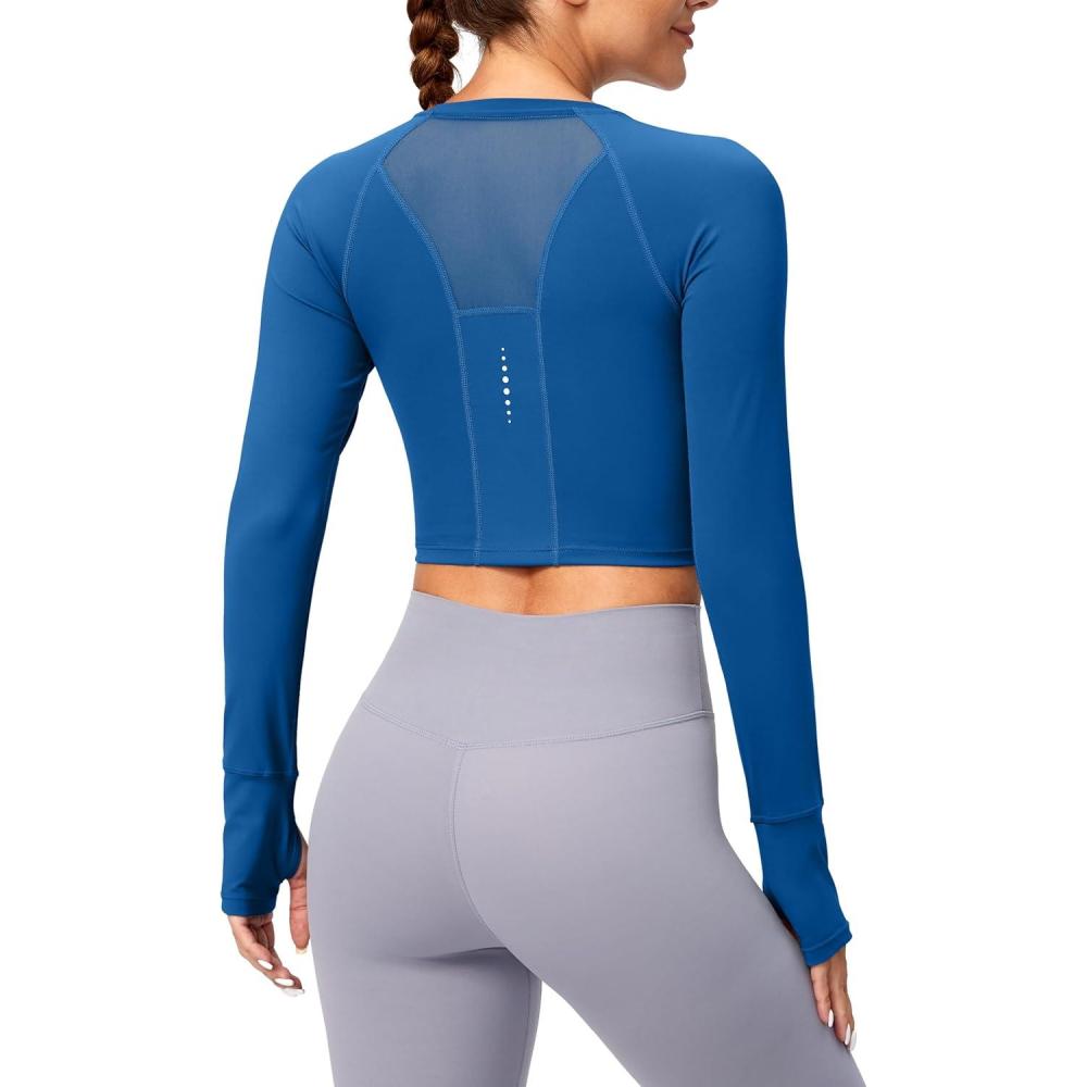 imageSANTINY Womens Long Sleeve Crop Workout Tops Slim Fit Gym Yoga Running Shirts for WomenBlue