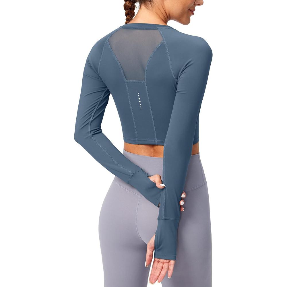imageSANTINY Womens Long Sleeve Crop Workout Tops Slim Fit Gym Yoga Running Shirts for WomenDusty Blue