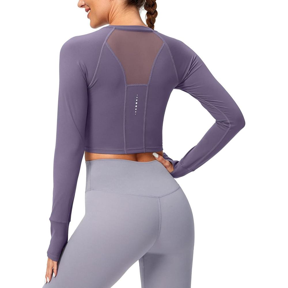 imageSANTINY Womens Long Sleeve Crop Workout Tops Slim Fit Gym Yoga Running Shirts for WomenDusty Purple