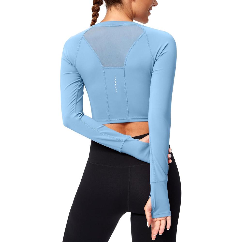 imageSANTINY Womens Long Sleeve Crop Workout Tops Slim Fit Gym Yoga Running Shirts for WomenLight Blue