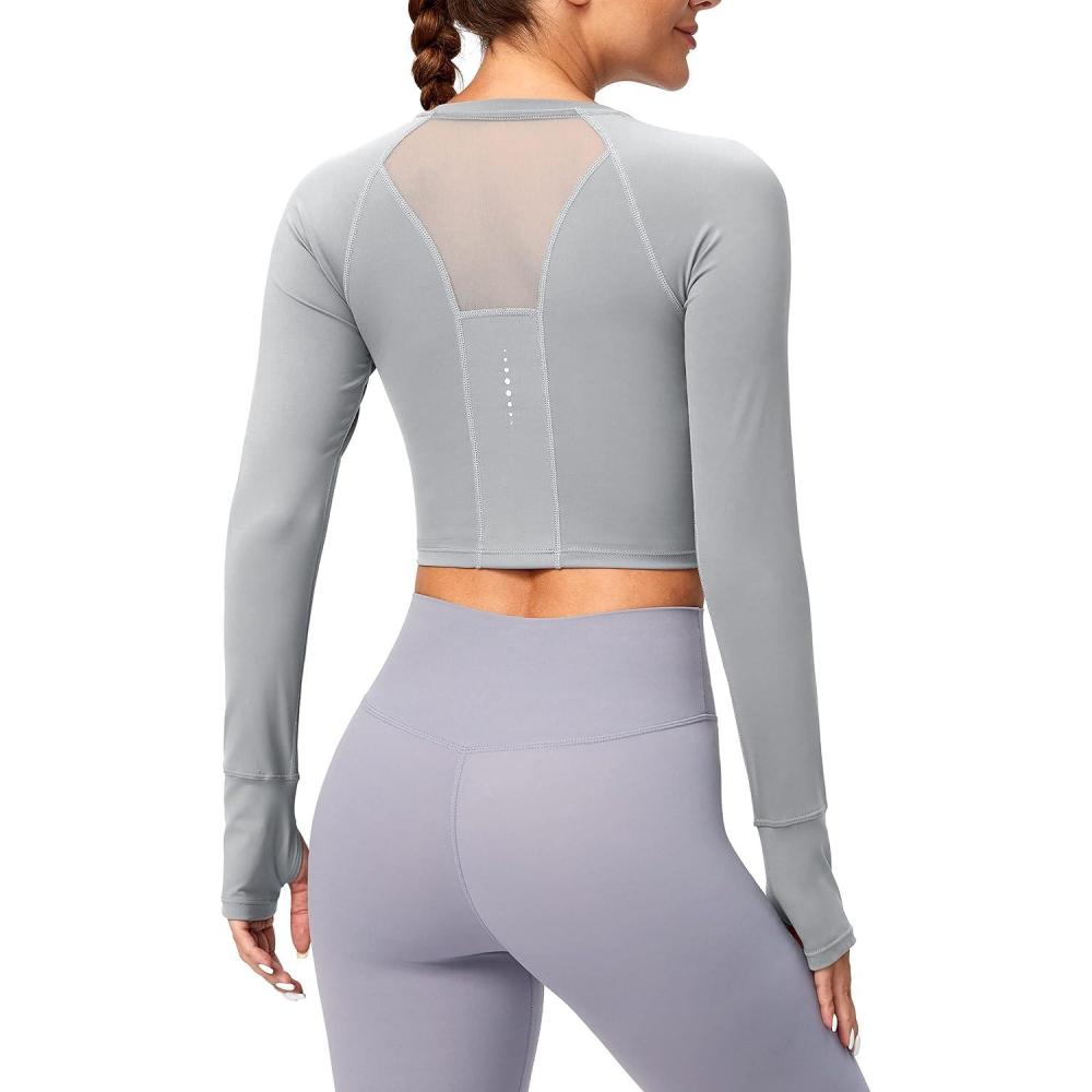 imageSANTINY Womens Long Sleeve Crop Workout Tops Slim Fit Gym Yoga Running Shirts for WomenLight Grey