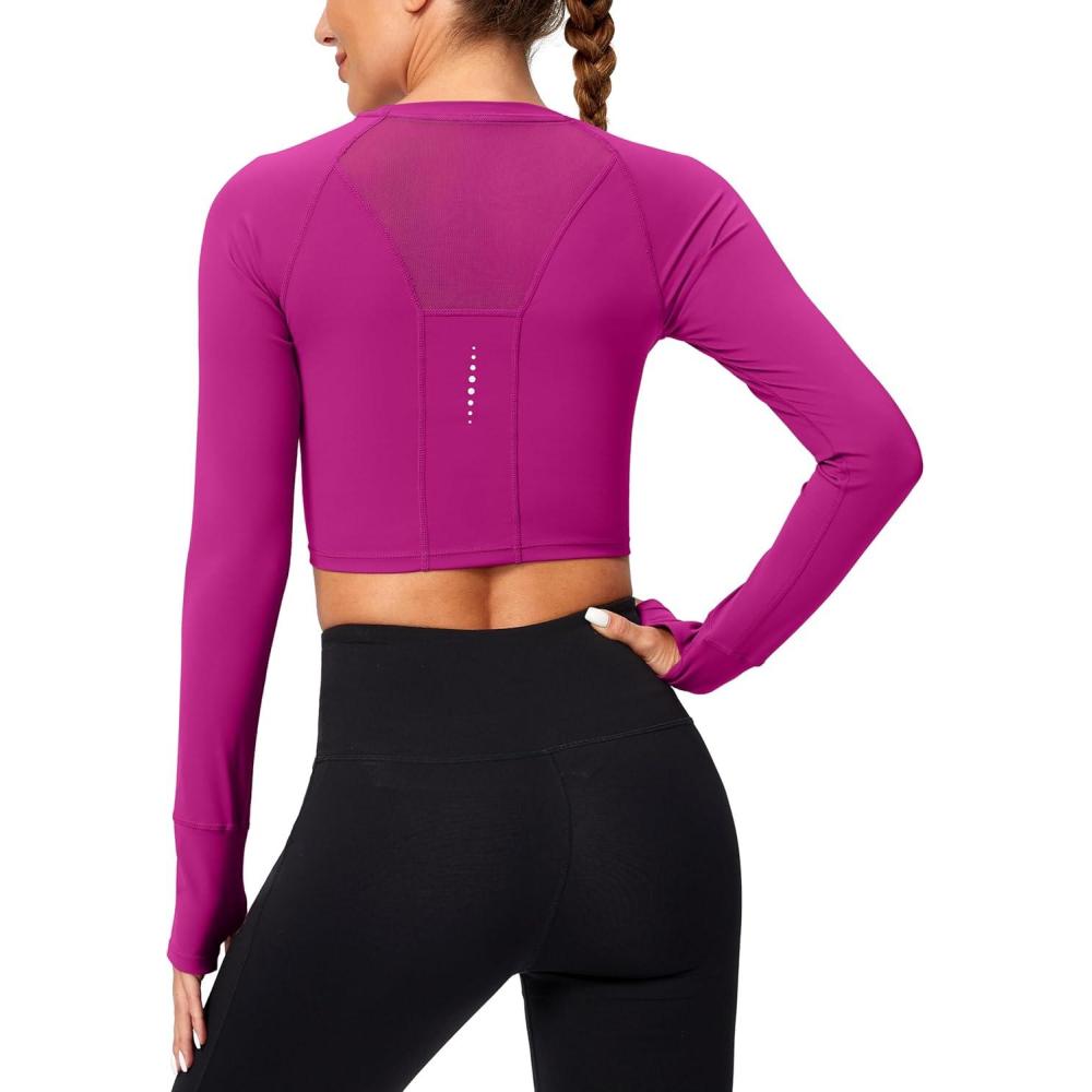 imageSANTINY Womens Long Sleeve Crop Workout Tops Slim Fit Gym Yoga Running Shirts for WomenRose