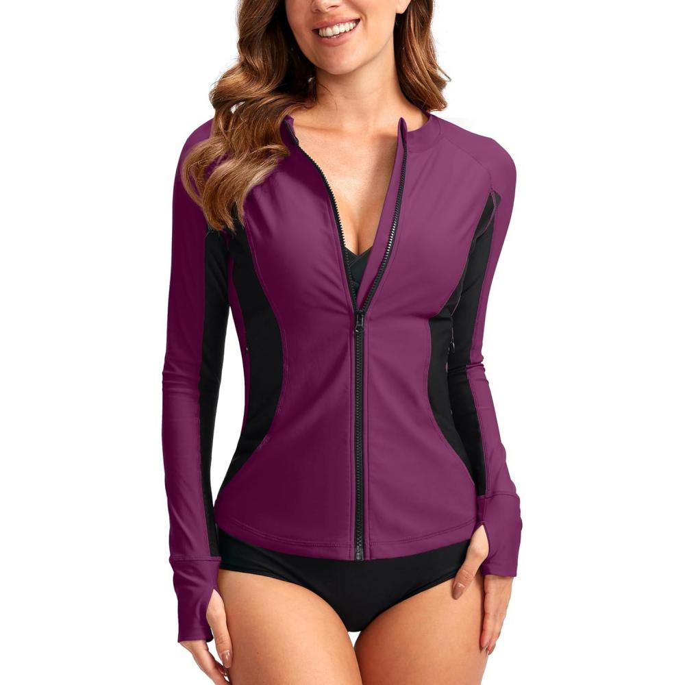imageSANTINY Womens Rash Guard Zipper Pockets UPF50 Sun Protection Long Sleeve Swimsuit Top Zip Front Swim Shirt for WomenFuchsia