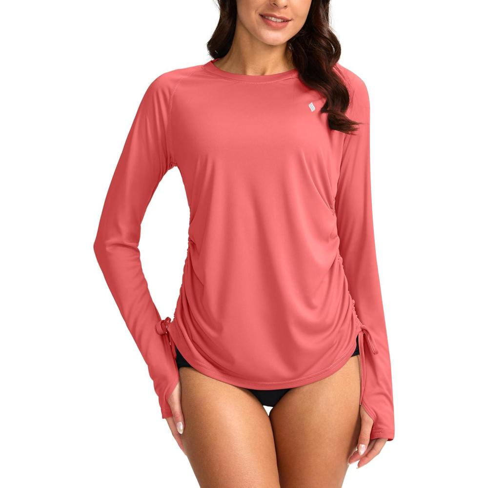 imageSANTINY Womens UPF50 Rash Guard SPF Long Sleeve Swimsuits Top UV Sun Protection Swim Shirts for WomanCoral
