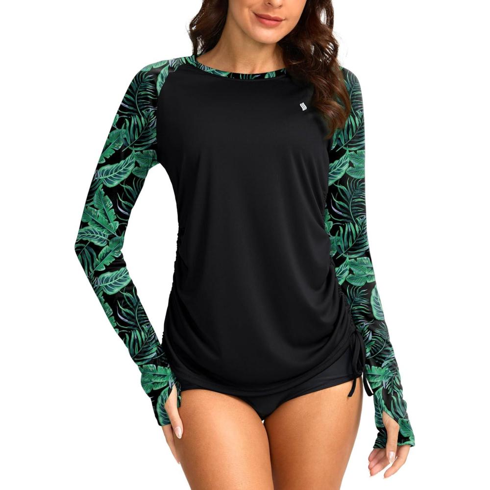 imageSANTINY Womens UPF50 Rash Guard SPF Long Sleeve Swimsuits Top UV Sun Protection Swim Shirts for WomanLeaf