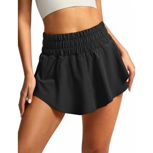 SANTINY Flowy Athletic Shorts for Women High Waisted Running Workout Shorts Ruffle Tennis Skirt Shorts Zip Pocket(Black)