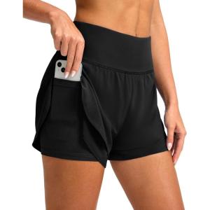SANTINY Women’s 2 in 1 Running Shorts with Pockets 3″ High Waisted Exercise Workout Athletic Shorts for Women with Liner(Black)
