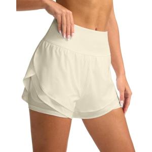 SANTINY Women’s 2 in 1 Running Shorts with Pockets 3″ High Waisted Exercise Workout Athletic Shorts for Women with Liner(Cream)