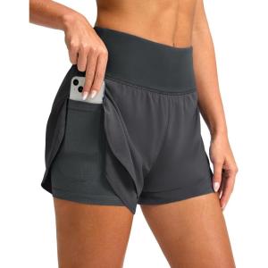 SANTINY Women’s 2 in 1 Running Shorts with Pockets 3″ High Waisted Exercise Workout Athletic Shorts for Women with Liner(Dark Grey)