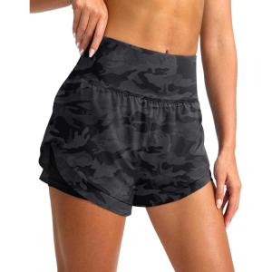 SANTINY Women’s 2 in 1 Running Shorts with Pockets 3″ High Waisted Exercise Workout Athletic Shorts for Women with Liner(Grey Camo)