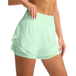 SANTINY Women’s 2 in 1 Running Shorts with Pockets 3″ High Waisted Exercise Workout Athletic Shorts for Women with Liner(Light Green)