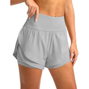 SANTINY Women’s 2 in 1 Running Shorts with Pockets 3″ High Waisted Exercise Workout Athletic Shorts for Women with Liner(Light Grey)