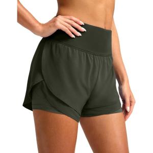 SANTINY Women’s 2 in 1 Running Shorts with Pockets 3″ High Waisted Exercise Workout Athletic Shorts for Women with Liner(Olive)