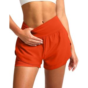 SANTINY Women’s 2 in 1 Running Shorts with Pockets 3″ High Waisted Exercise Workout Athletic Shorts for Women with Liner(Orange)