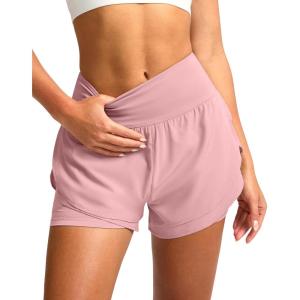 SANTINY Women’s 2 in 1 Running Shorts with Pockets 3″ High Waisted Exercise Workout Athletic Shorts for Women with Liner(Pink)