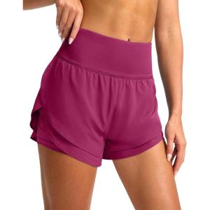 SANTINY Women’s 2 in 1 Running Shorts with Pockets 3″ High Waisted Exercise Workout Athletic Shorts for Women with Liner(Rose)