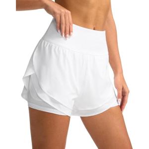 SANTINY Women’s 2 in 1 Running Shorts with Pockets 3″ High Waisted Exercise Workout Athletic Shorts for Women with Liner(White)