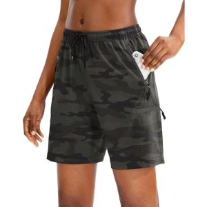SANTINY Women’s 5”/ 7”/9” Hiking Cargo Shorts Quick Dry Lightweight Summer Shorts for Women Athletic Golf Zipper Pockets(Green Camo)