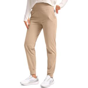 SANTINY Women’s Fleece Lined Joggers Water Resistant High Waisted Thermal Sweatpants Winter Pants Hiking Running Pockets(Light Khaki)