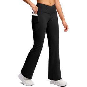 SANTINY Women’s Fleece Lined Pants with Pockets Crossover Yoga Pants 28.5″/30.5″/32″ Thermal Warm Flare Leggings for Women(Black)