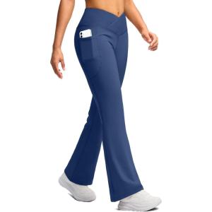 SANTINY Women’s Fleece Lined Pants with Pockets Crossover Yoga Pants 28.5″/30.5″/32″ Thermal Warm Flare Leggings for Women(Blue)