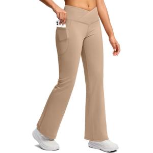 SANTINY Women’s Fleece Lined Pants with Pockets Crossover Yoga Pants 28.5″/30.5″/32″ Thermal Warm Flare Leggings for Women(Khaki)