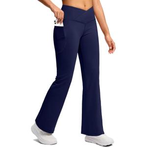 SANTINY Women’s Fleece Lined Pants with Pockets Crossover Yoga Pants 28.5″/30.5″/32″ Thermal Warm Flare Leggings for Women(Navy)