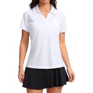 SANTINY Women’s Golf Shirt Collared V-Neck Casual Work Tennis Tops UPF50+ Collared Polo Shirts for Women(A White)