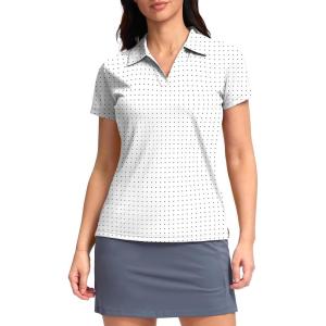 SANTINY Women’s Golf Shirt Collared V-Neck Casual Work Tennis Tops UPF50+ Collared Polo Shirts for Women(Black Dot)