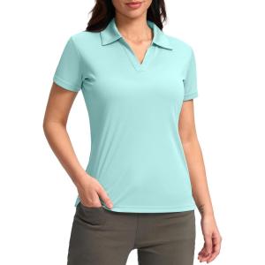 SANTINY Women’s Golf Shirt Collared V-Neck Casual Work Tennis Tops UPF50+ Collared Polo Shirts for Women(Light Aqua)