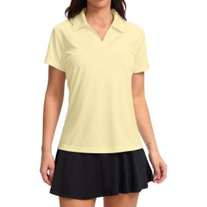 SANTINY Women’s Golf Shirt Collared V-Neck Casual Work Tennis Tops UPF50+ Collared Polo Shirts for Women(Light Yellow)