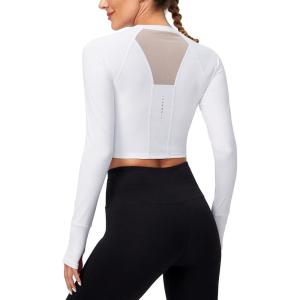 SANTINY Women’s Long Sleeve Crop Workout Tops Slim Fit Gym Yoga Running Shirts for Women(A White)