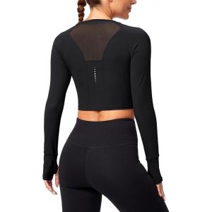 SANTINY Women’s Long Sleeve Crop Workout Tops Slim Fit Gym Yoga Running Shirts for Women(Black)