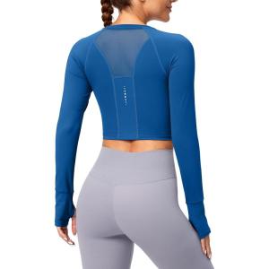 SANTINY Women’s Long Sleeve Crop Workout Tops Slim Fit Gym Yoga Running Shirts for Women(Blue)