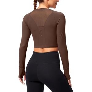 SANTINY Women’s Long Sleeve Crop Workout Tops Slim Fit Gym Yoga Running Shirts for Women(Coffee)