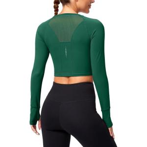 SANTINY Women’s Long Sleeve Crop Workout Tops Slim Fit Gym Yoga Running Shirts for Women(Dark Green)