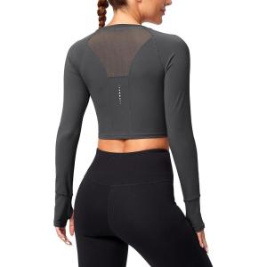 SANTINY Women’s Long Sleeve Crop Workout Tops Slim Fit Gym Yoga Running Shirts for Women(Dark Grey)