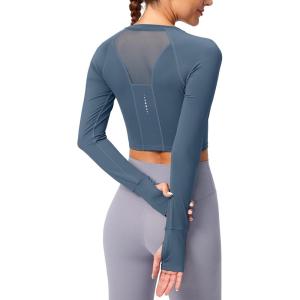 SANTINY Women’s Long Sleeve Crop Workout Tops Slim Fit Gym Yoga Running Shirts for Women(Dusty Blue)