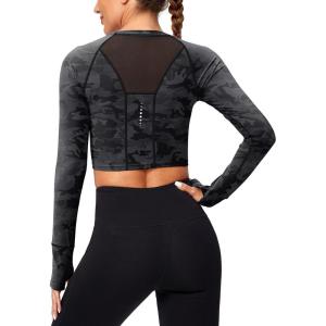 SANTINY Women’s Long Sleeve Crop Workout Tops Slim Fit Gym Yoga Running Shirts for Women(Grey Camo)