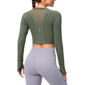SANTINY Women’s Long Sleeve Crop Workout Tops Slim Fit Gym Yoga Running Shirts for Women(Grey Sage)