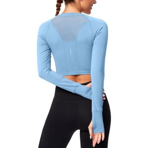 SANTINY Women’s Long Sleeve Crop Workout Tops Slim Fit Gym Yoga Running Shirts for Women(Light Blue)