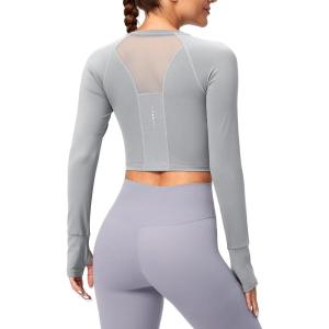 SANTINY Women’s Long Sleeve Crop Workout Tops Slim Fit Gym Yoga Running Shirts for Women(Light Grey)