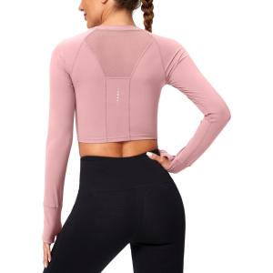 SANTINY Women’s Long Sleeve Crop Workout Tops Slim Fit Gym Yoga Running Shirts for Women(Light Pink)