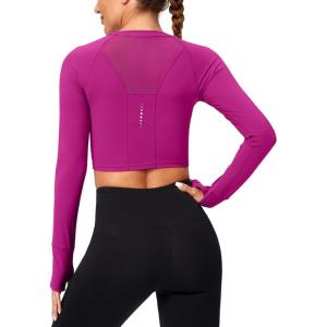 SANTINY Women’s Long Sleeve Crop Workout Tops Slim Fit Gym Yoga Running Shirts for Women(Rose)